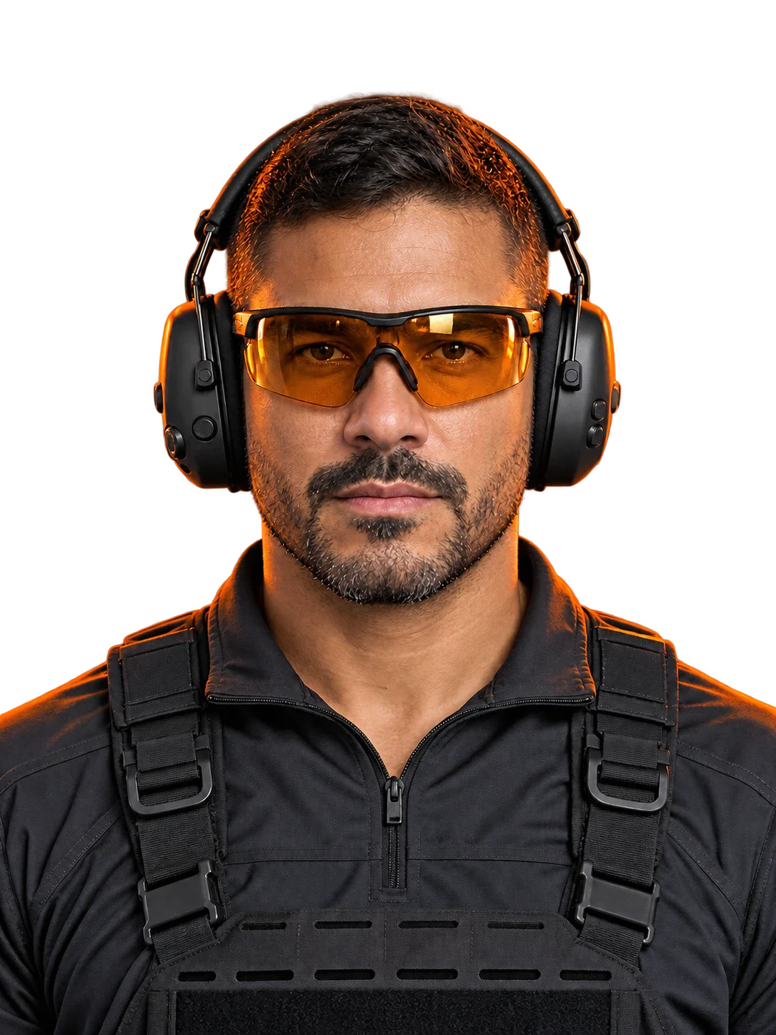 Instructor de tiro con gafas balísticas y protector auditivo electrónico