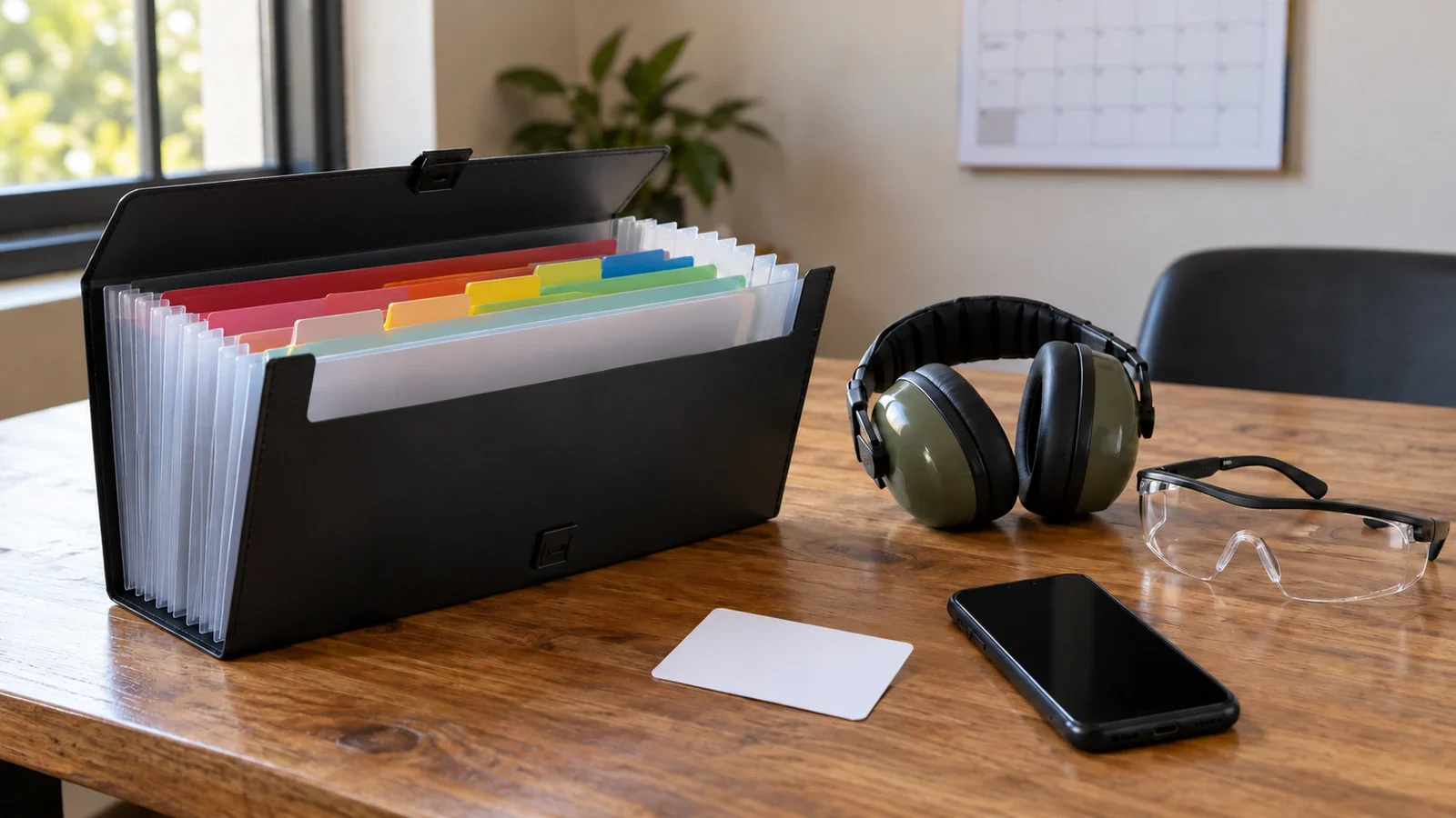 Open accordion file with colored dividers, ear protection, shooting glasses and a blank membership card on a table.