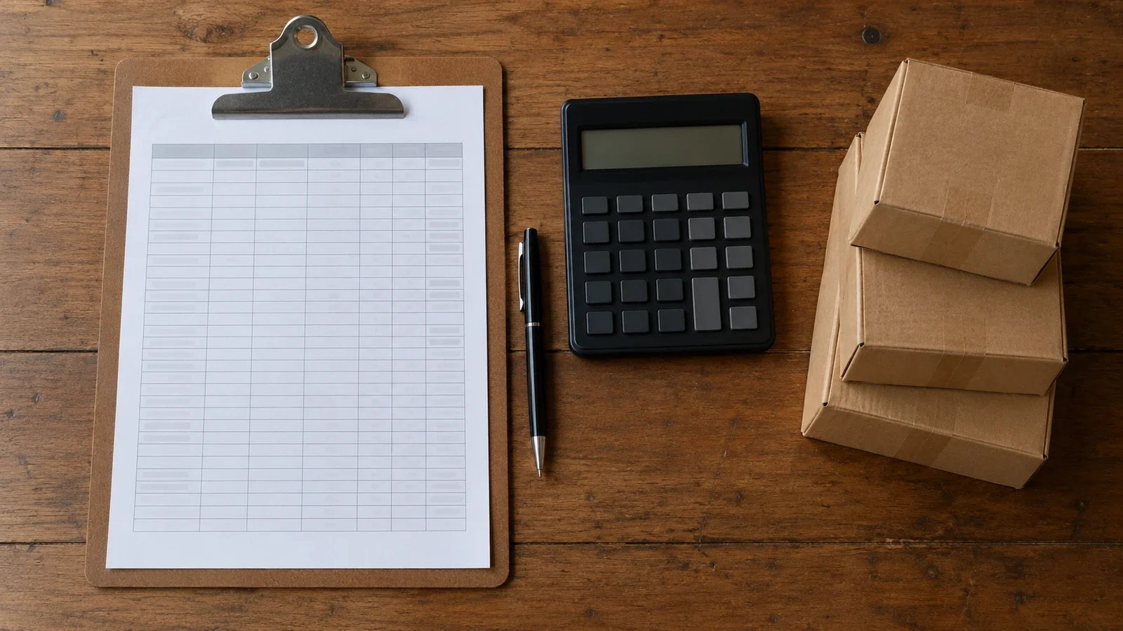 Clipboard with a printed spreadsheet, a calculator, a pen and small closed cardboard boxes stacked beside it.