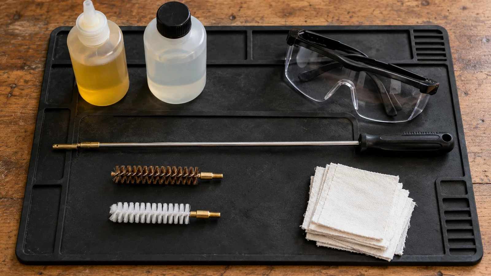 Kit de limpeza de arma sobre um tapete de borracha: vareta, escovas, panos, frascos de óleo e solvente e óculos de proteção.