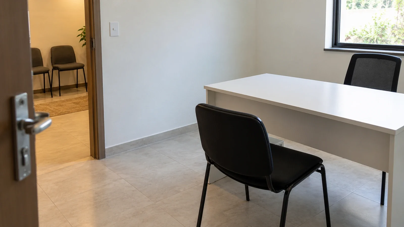 Sala de aplicación de pruebas vacía, con mesa individual lisa y silla con respaldo, y una sala de espera al fondo.