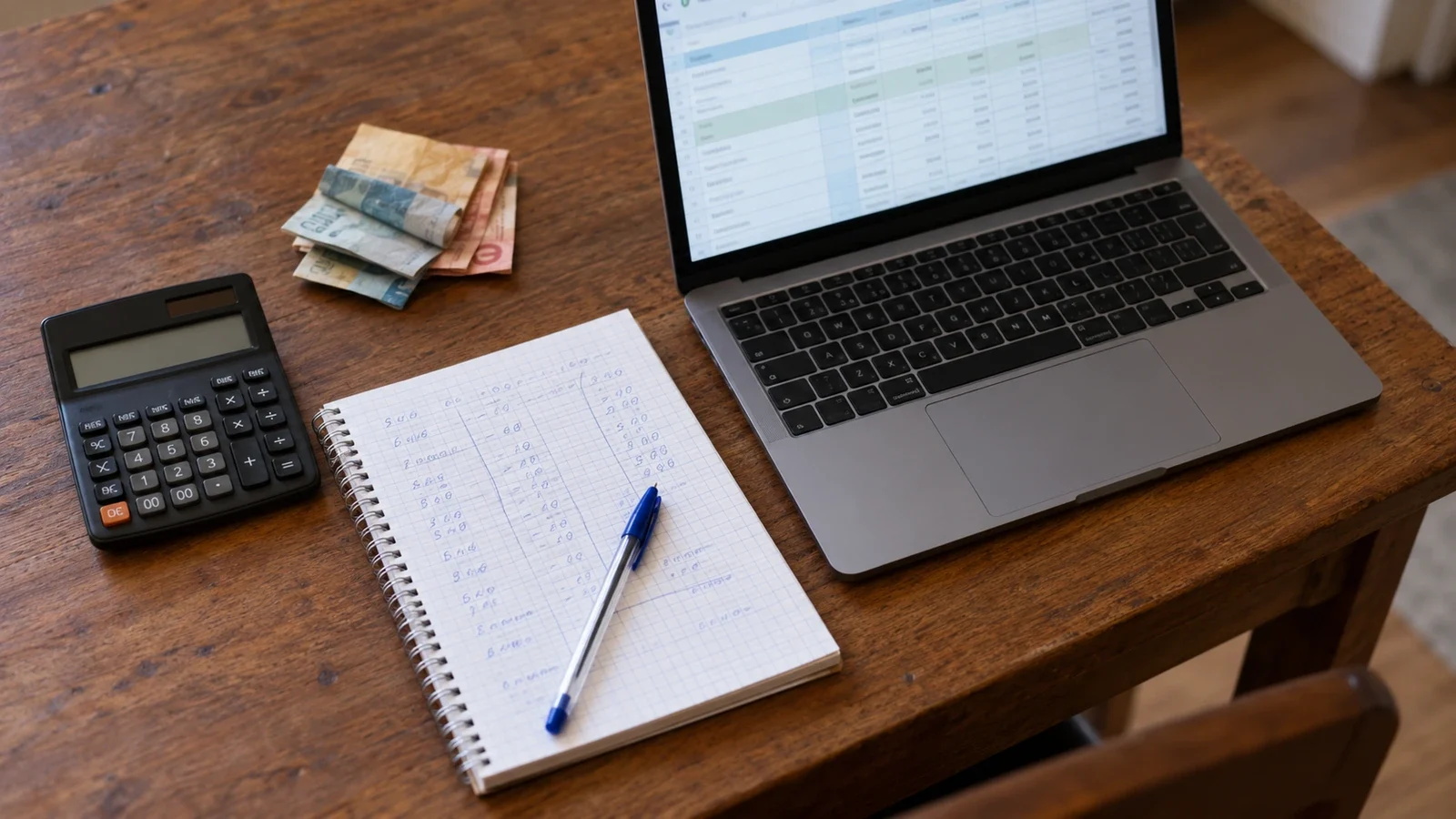 Calculadora, cuaderno con una tabla hecha a mano, billetes de real y una laptop con una planilla sobre la mesa.