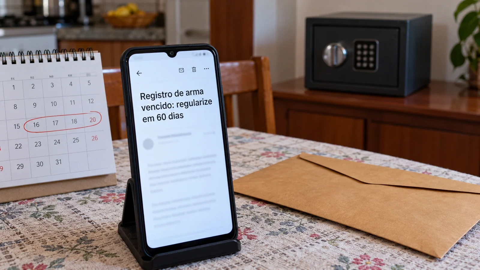 Phone showing an email about an expired firearm registration, next to a calendar with marked days and, in the background, a closed safe.