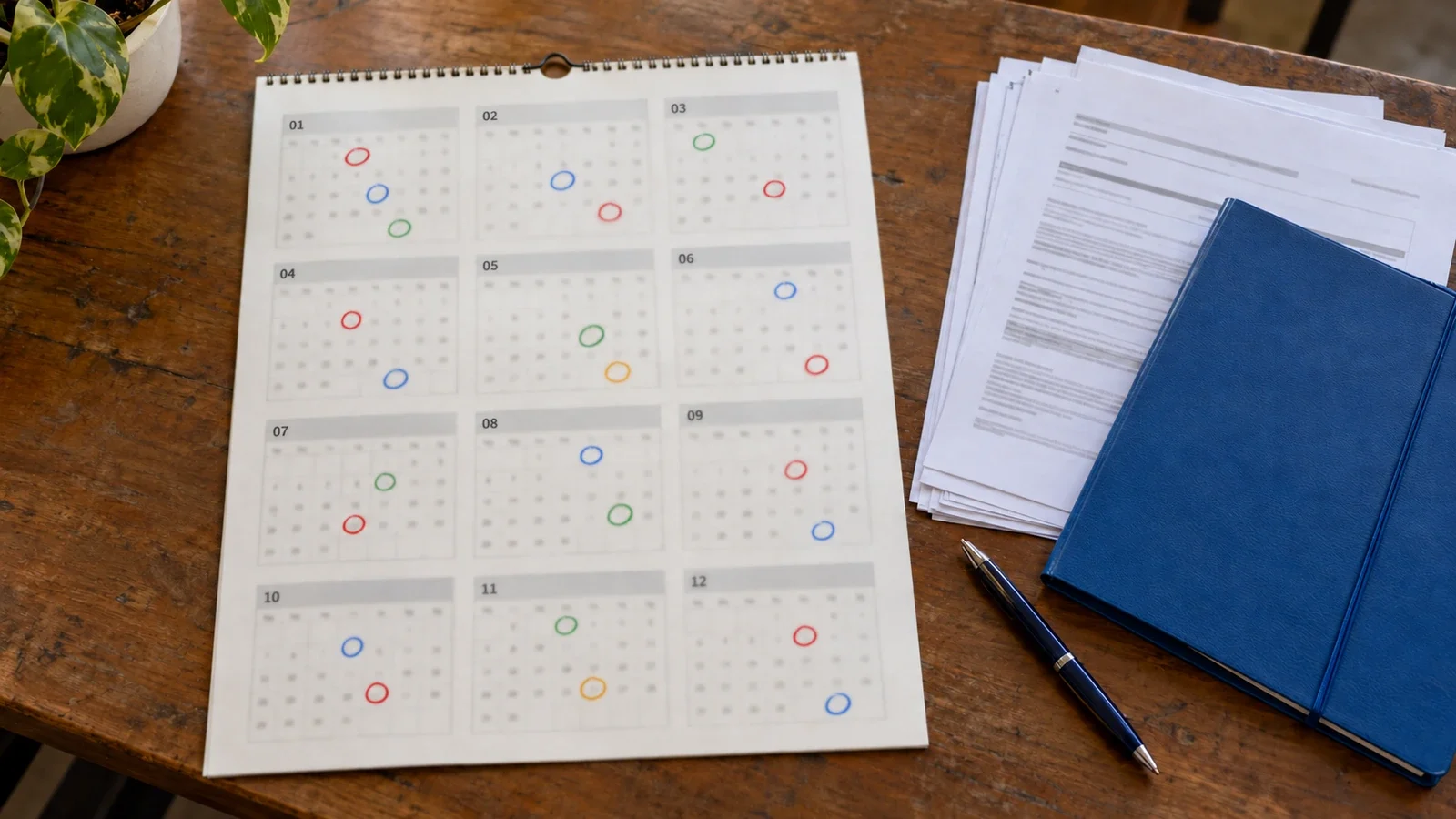 Calendário anual com dias marcados em cores, ao lado de uma pilha de declarações e uma pasta azul.