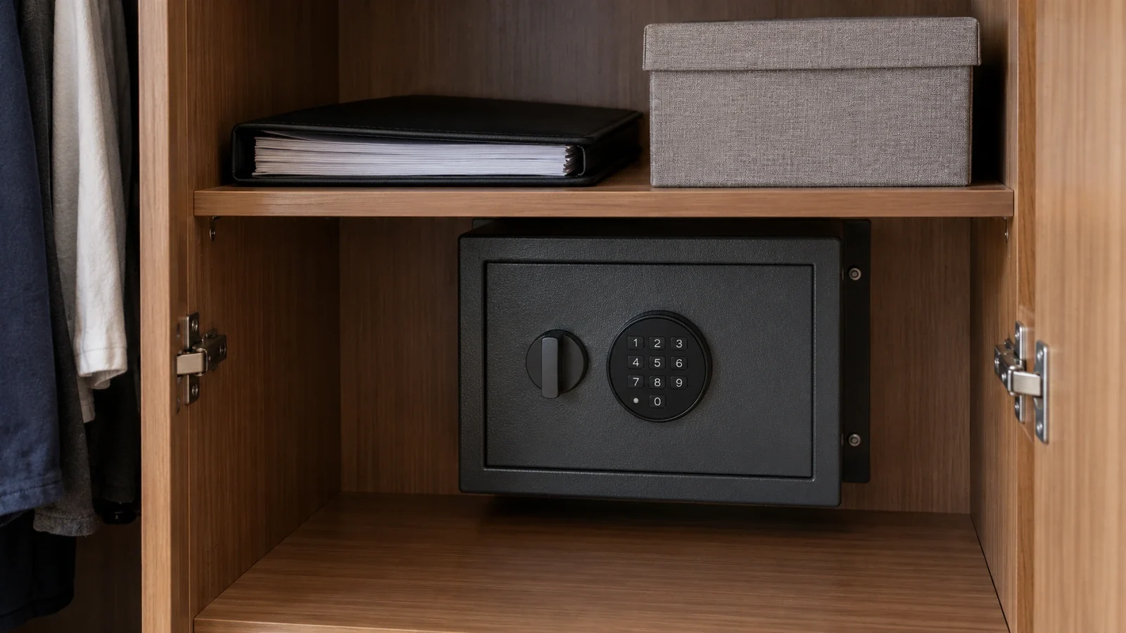 Closed steel gun safe with a numeric keypad, fixed to the bottom of a bedroom closet.