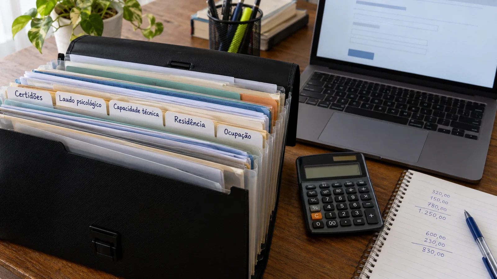 Pasta sanfonada com divisórias de certidões, laudo psicológico e capacidade técnica, ao lado de um notebook e de uma calculadora.